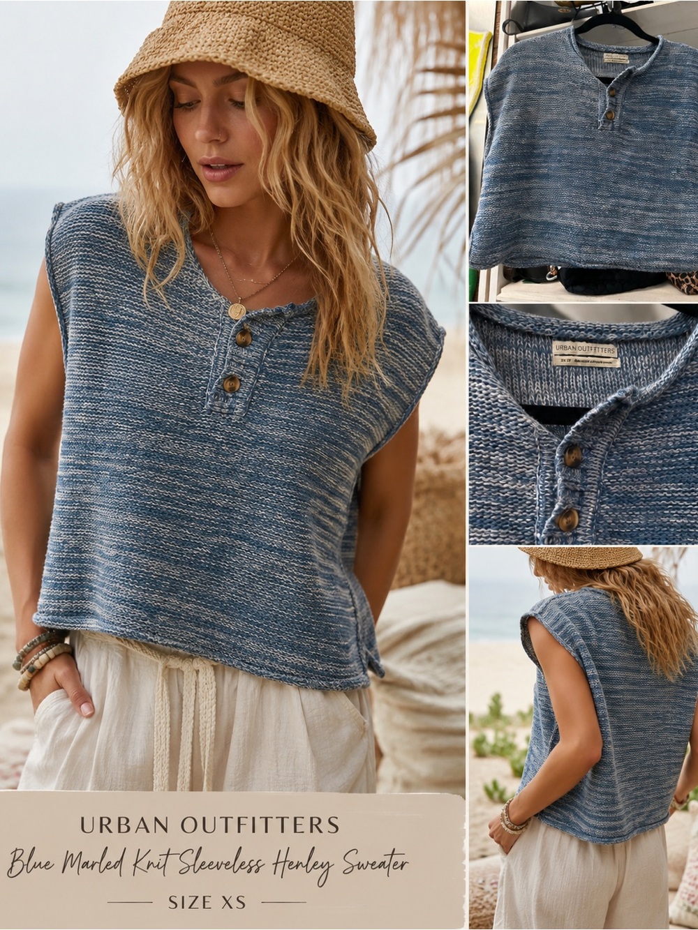 Urban Outfitters Blue and Cream Marled Knit Sleeveless Henley